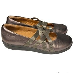 Vionic Strappy Mary Jane Flats Serenity metallic Brown leather slip on 8.5